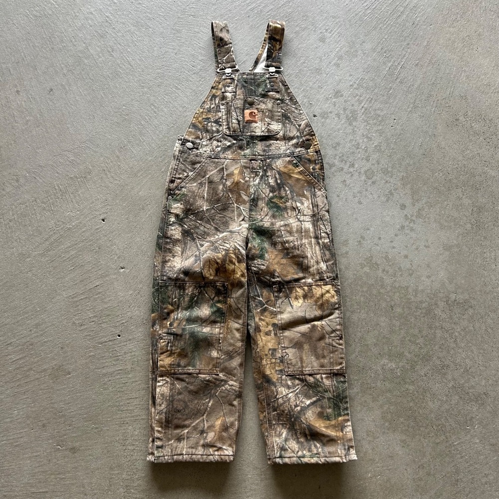 Vintage Carhartt Camo Overalls Youth 6 Brown Canvas Insulated Carpenter Bibs
